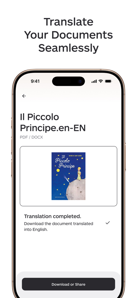 Lara Translate mobile app interface showing a successfully completed document translation with options to download or share.