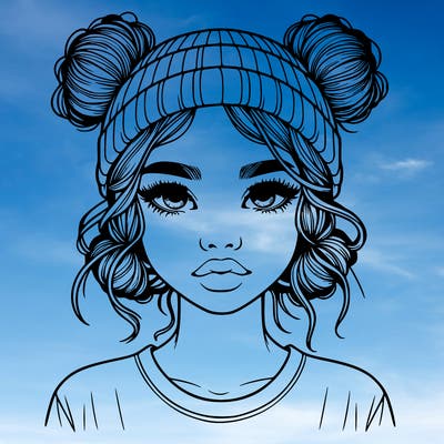 realistic girl with buns in her hair with a beanie on