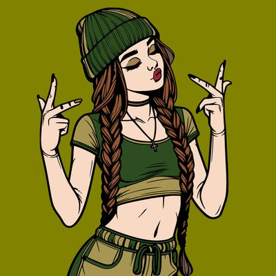 realistic teenage girl with braids and a beanie and crop top doing 🫶🏼