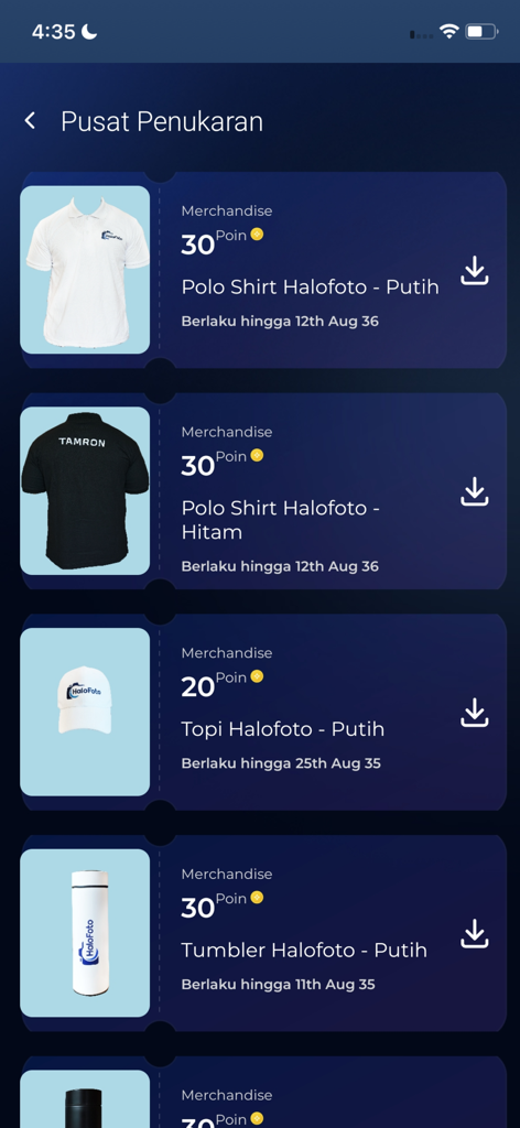 Halofoto App - Redemption center in the Halofoto App showing branded merchandise like polo shirts and hats available for points.