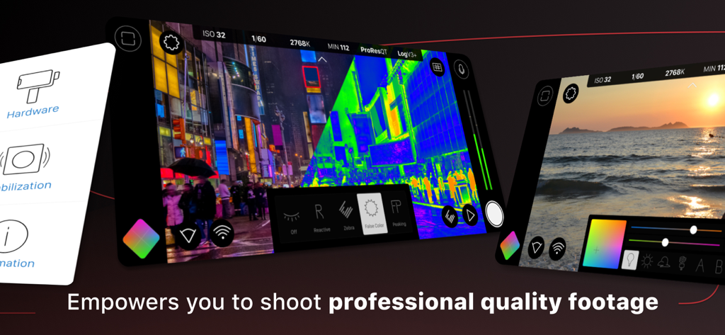 Interfaz de Filmic Pro mostrando controles manuales profesionales y análisis de color falso para cinematografía móvil