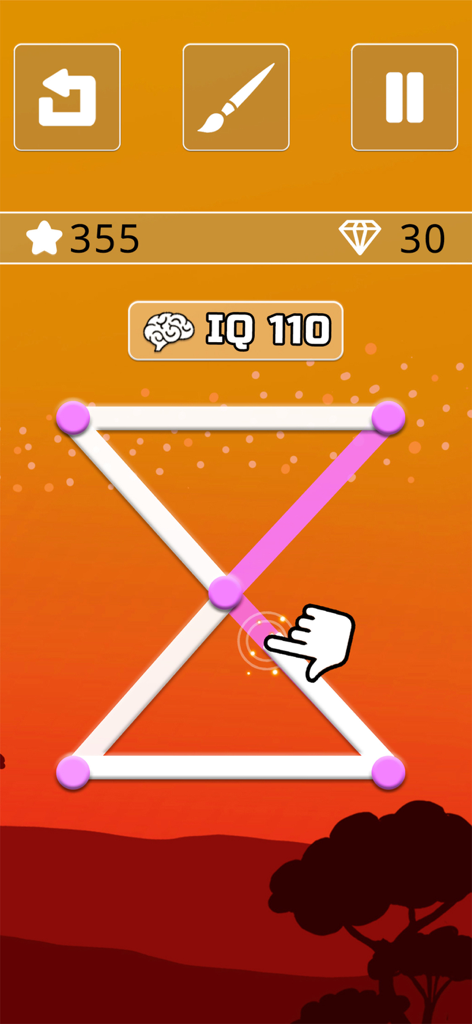 One line only : dot to dot - A hand connecting dots with a single continuous line to complete a geometric shape in a minimalist puzzle game.