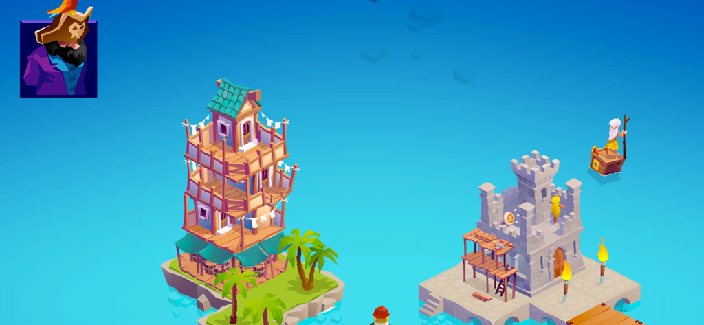Vue isométrique d'un monde insulaire coloré sur le thème des pirates dans Archipel Apps, avec une tour en bois et un château en pierre.