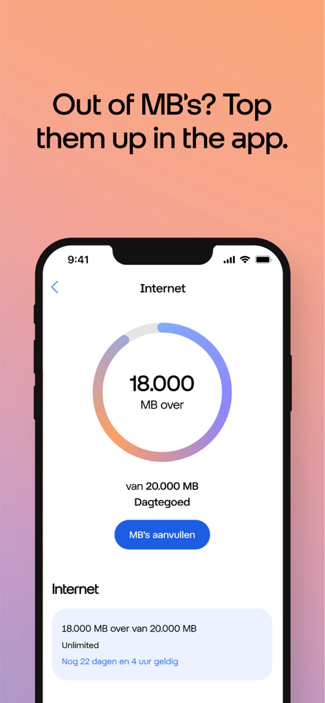 Odido app interface displaying a circular progress bar for mobile data usage and a top up button.
