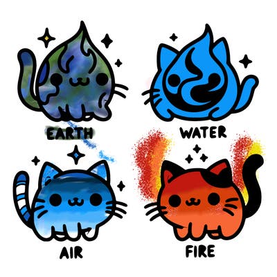4 cats that represent the different elements, earth, water, air, and fire