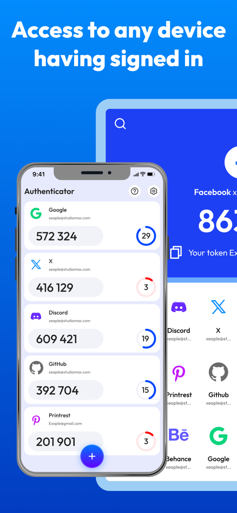 Pantalla del smartphone mostrando una lista de códigos de autenticación 2FA para varias cuentas, incluyendo Google, Discord y GitHub