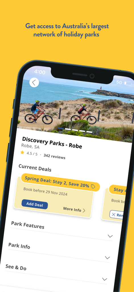 Gday Parks app showing holiday park details and current booking deals