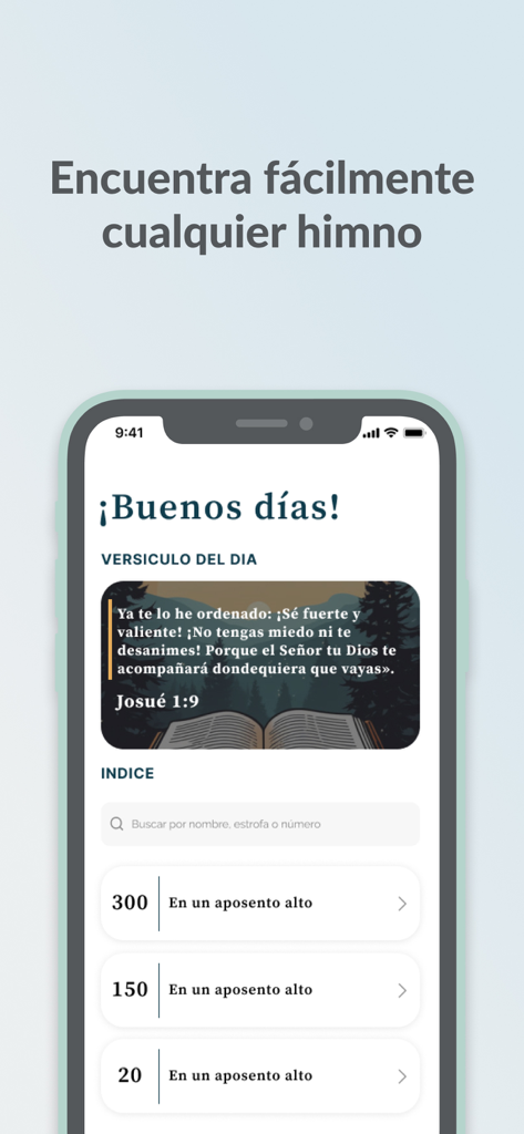 Himnos de Gloria - Main screen of the Himnos de Gloria app showing a daily Bible verse and hymn search interface