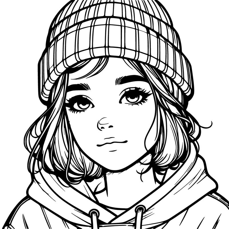 realistic girl with a a beanie and a hoodie