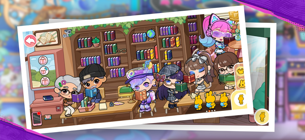 Personaggi dei cartoni animati che leggono e studiano in una colorata biblioteca scolastica