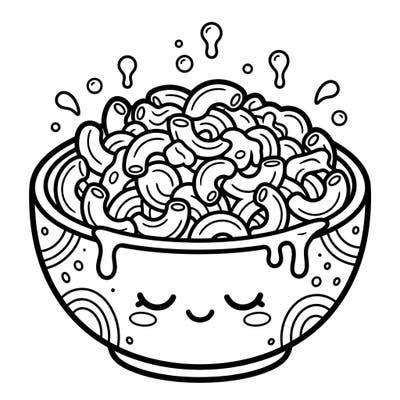 Indulge in the cuteness of our Kawaii Macaroni and Cheese coloring page! This charming illustration features a happy bowl overflowing with delightful noodles, ready for your creative touch.