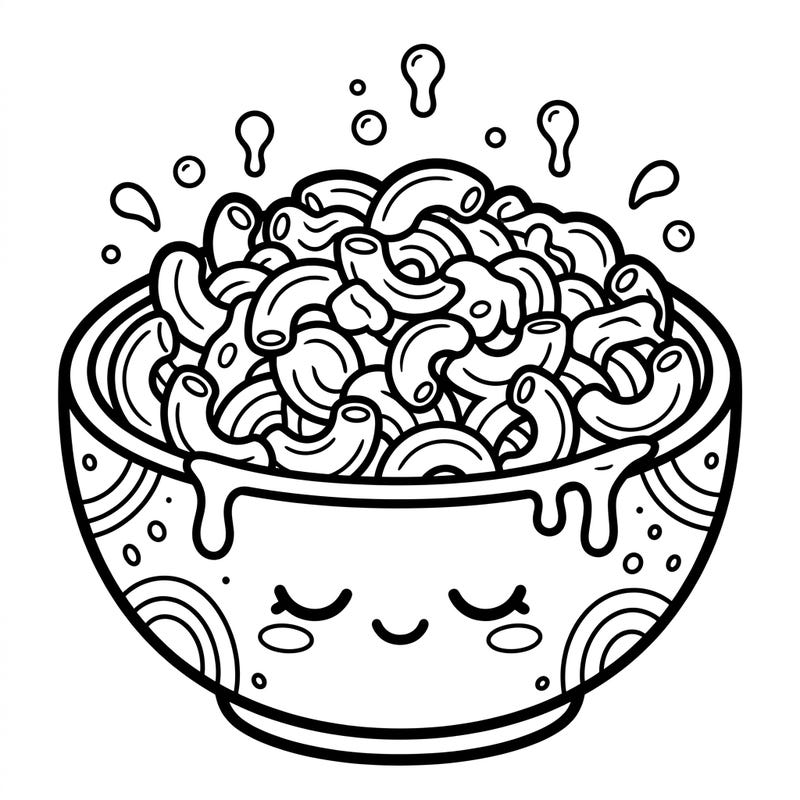Indulge in the cuteness of our Kawaii Macaroni and Cheese coloring page! This charming illustration features a happy bowl overflowing with delightful noodles, ready for your creative touch.