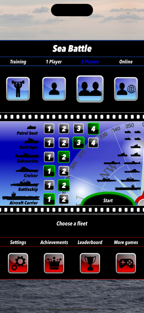 Main menu of the Sea Battle board game app showing ship fleet selection