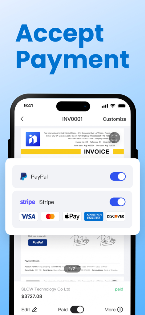 Pantalla de la aplicación móvil InvoiceNow que muestra una factura profesional con opciones de pago integradas para PayPal, Stripe y tarjetas de crédito