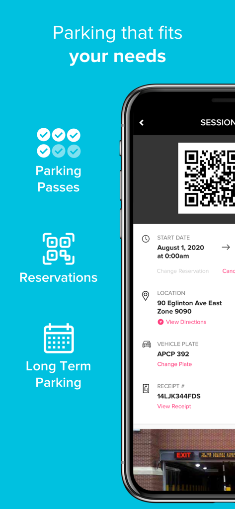 HonkMobile app interface showing parking session information with QR code and location details.