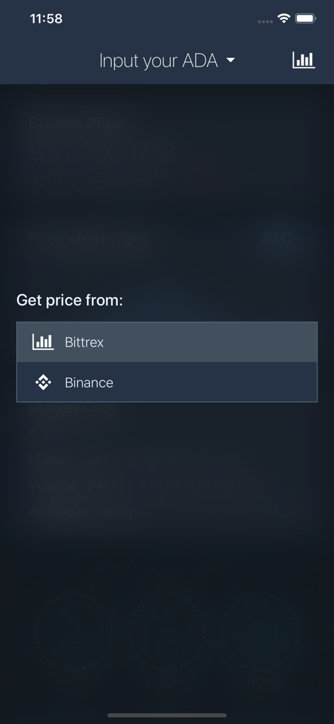 Menu de seleção para fontes de preços Bittrex e Binance no aplicativo Tool for ADA