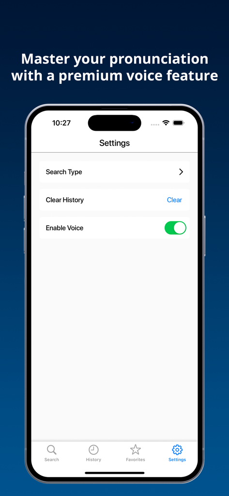 音声発音トグル付きの英語ハンガリー語辞書設定画面。