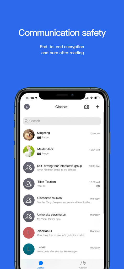 Cipchat - Encrypted Messenger - Interface do aplicativo Cipchat exibindo uma lista de chats criptografados seguros em um iPhone