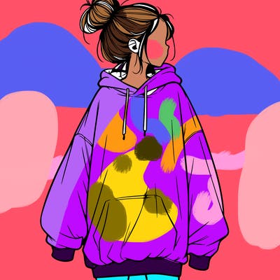 realistic girl with a oversized sweatshirt on and a bun