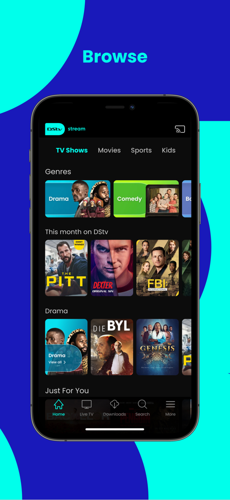 Ecrã de navegação da aplicação DStv Stream mostrando categorias de programas de TV, géneros e conteúdo africano e internacional em destaque.