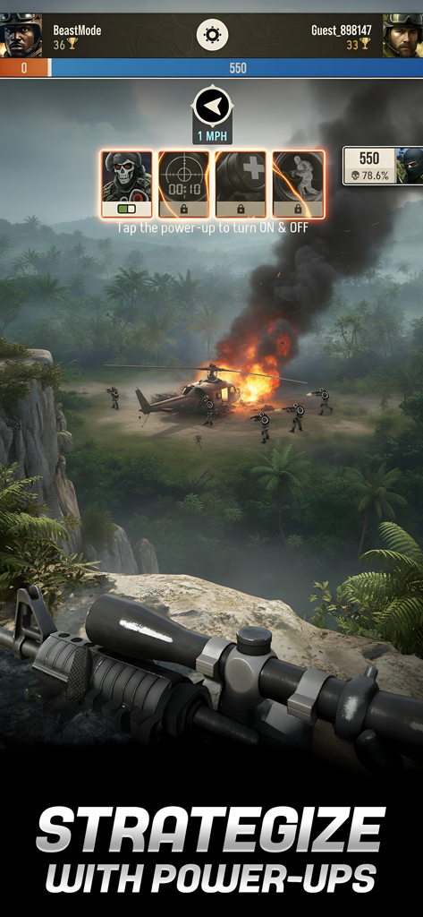 Sniper Battle: 3D War Shooter - Sniper Battle 3D gameplay showing tactical power up icons and a burning helicopter in a jungle combat zone