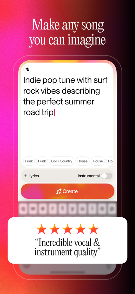 Interface do aplicativo Suno AI mostrando um prompt de texto para uma melodia indie pop e uma avaliação de usuário de cinco estrelas.