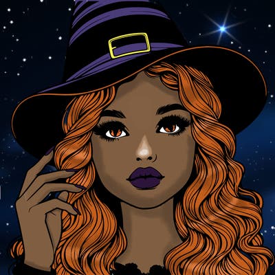 realistic girl with wavy hair and lips holding a witch hat