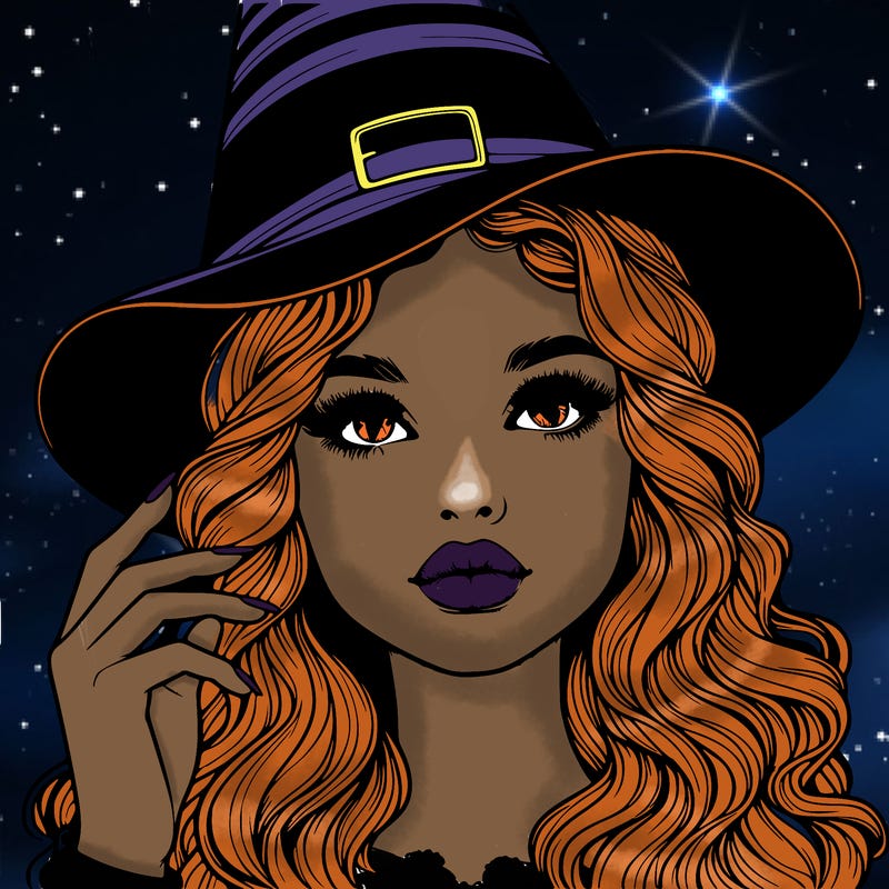 realistic girl with wavy hair and lips holding a witch hat