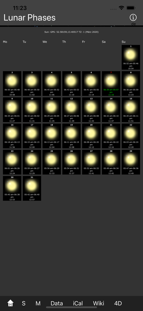 A screenshot of the Lunar Phases app displaying a monthly calendar with daily sun and moon rise and set times.