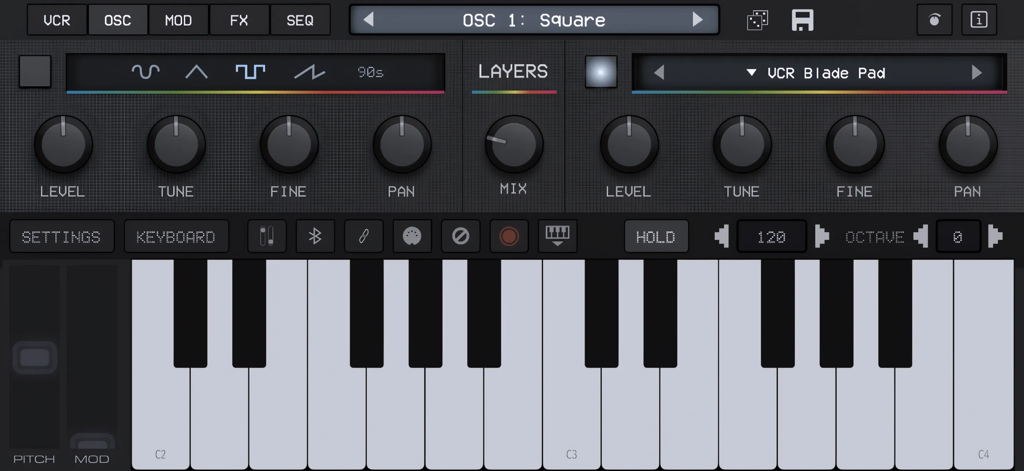 Main oscillator interface of the King of VHS VCR Synth app featuring a virtual keyboard and sound design controls.