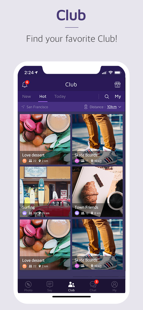 1km -New relationships, Groups - Una captura de pantalla móvil de la aplicación 1km que muestra diferentes clubes de intereses locales como amantes de los postres y patinetas en San Francisco