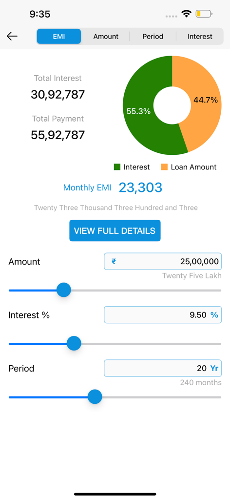 Interface of EMI Calculator app showing monthly payments and interest breakdown pie chart