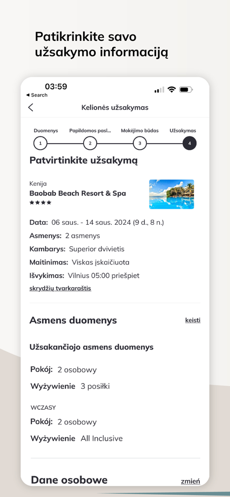ITAKA Lietuva - Screenshot da aplicação ITAKA Lietuva mostrando uma página de confirmação de reserva de viagens para um resort no Quénia