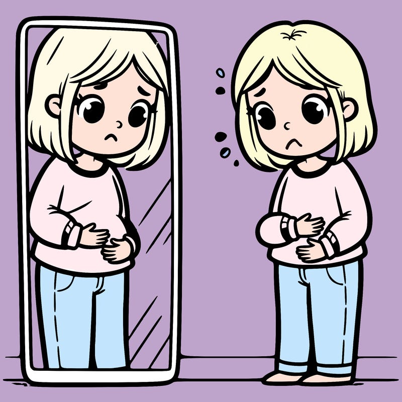girl looking in front of a full length mirror clutching her stomach unconfident