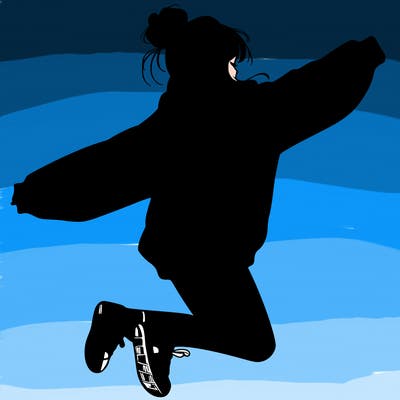 realistic girl jumping with a bun and oversized sweatshirt