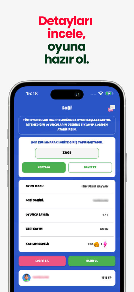 İsim Şehir Hayvan Online - Private multiplayer game lobby interface in the Isim Sehir Hayvan Online app showing lobby code and game settings