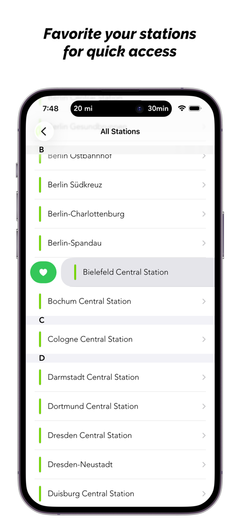 Schermata dell'app FlixTrain Destinations che mostra un elenco di stazioni ferroviarie con un'opzione per preferirle per un accesso rapido.