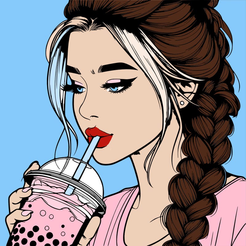 realistic girl drinking boba tea with braided hair