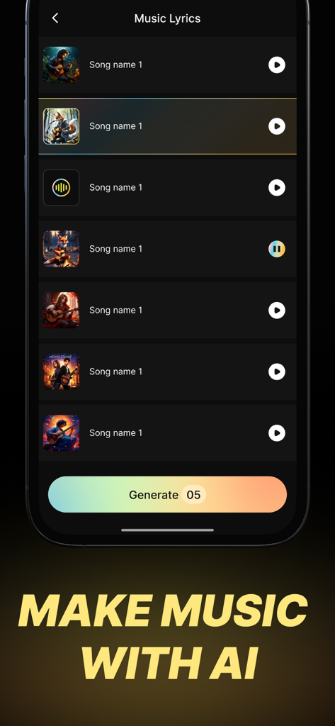 Écran de l'application Générateur de Paroles de Rap par IA montrant une liste de pistes générées et le titre 'Créez de la musique avec l'IA'.
