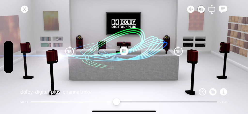 The IP PLAY TV app interface featuring a high-end 3D home theater setup with Dolby Digital Plus audio playback.