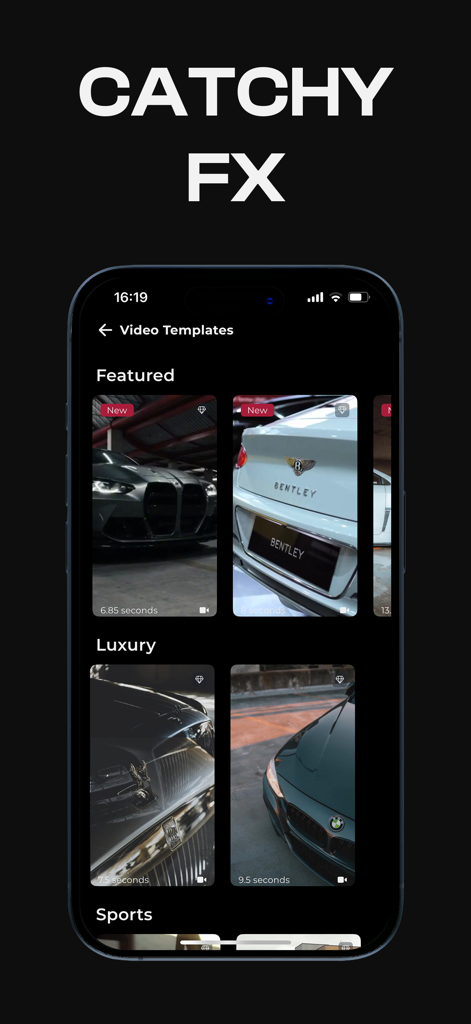 Car Editor - Customize Car - Interfaccia dell'app mobile che mostra accattivanti modelli video per auto di lusso e sportive