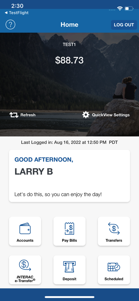 Your Credit Union Mobile App - Your Credit Union mobile app dashboard displaying account balance and banking menu options