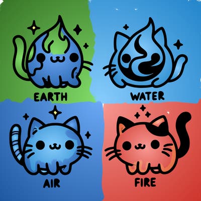 4 cats that represent the different elements, earth, water, air, and fire