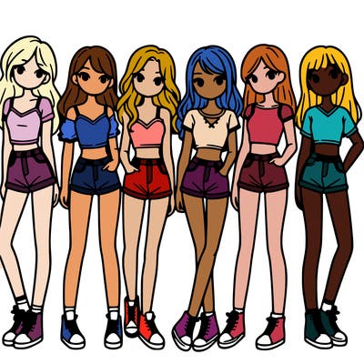 a group of girls wearing crop tops and shorts