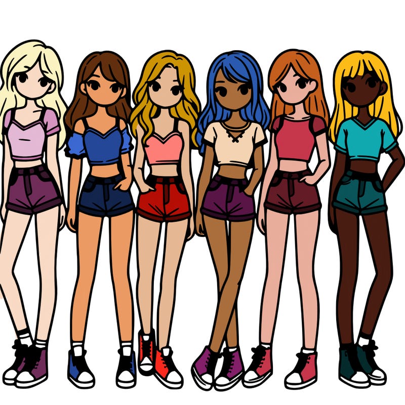 a group of girls wearing crop tops and shorts