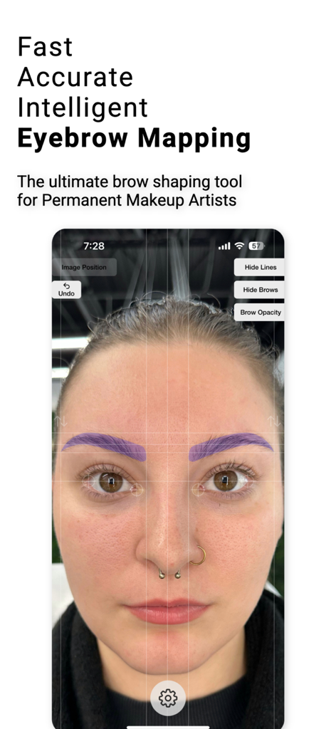 Brow Designer - Interface do aplicativo Brow Designer mostrando mapeamento de sobrancelhas com IA e linhas de simetria em um rosto feminino