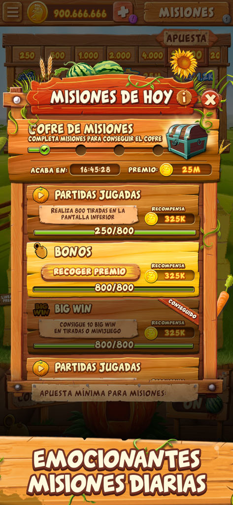 La Granja - Tragaperras Bar - Daily missions interface in the La Granja farm themed slot machine showing progress and rewards.