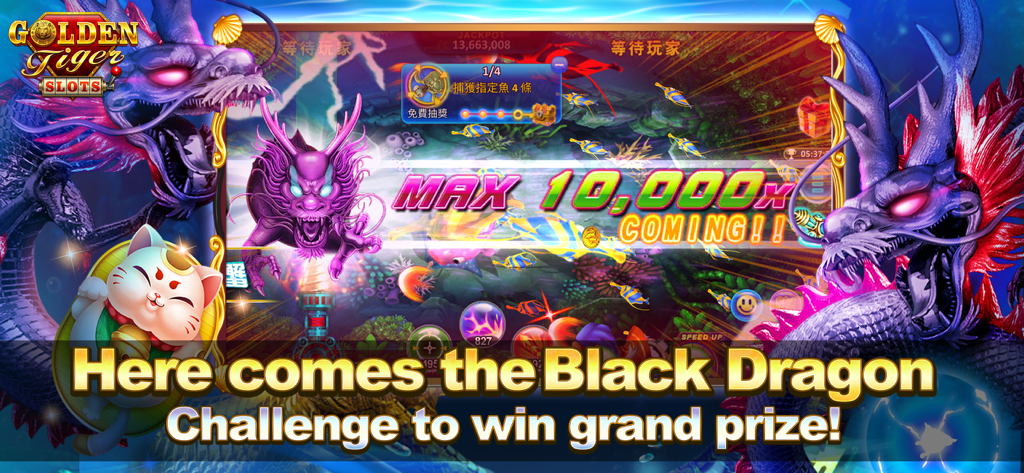 Golden Tiger Slots - Slot Game - Jugabilidad de Golden Tiger Slots que muestra el Desafío del Dragón Negro con una gran pantalla de multiplicador de 10,000x