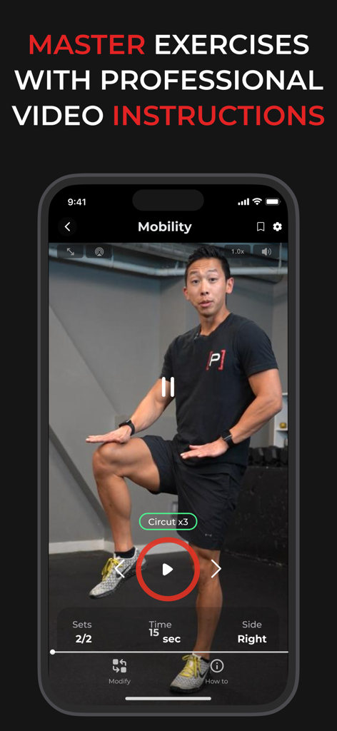 Prehab app interface showing professional video instructions for a mobility exercise