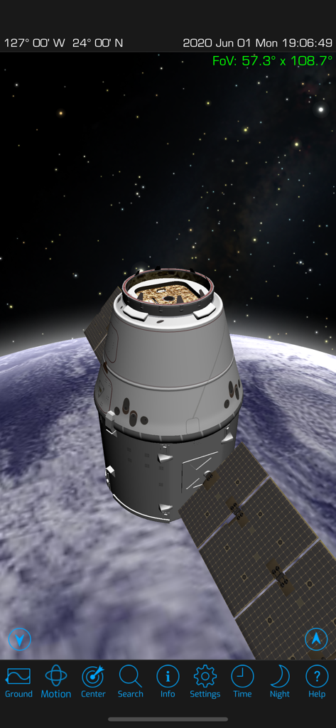 Orbitrack - Orbitrackアプリのインターフェースで地球を周回する宇宙機の3Dモデル